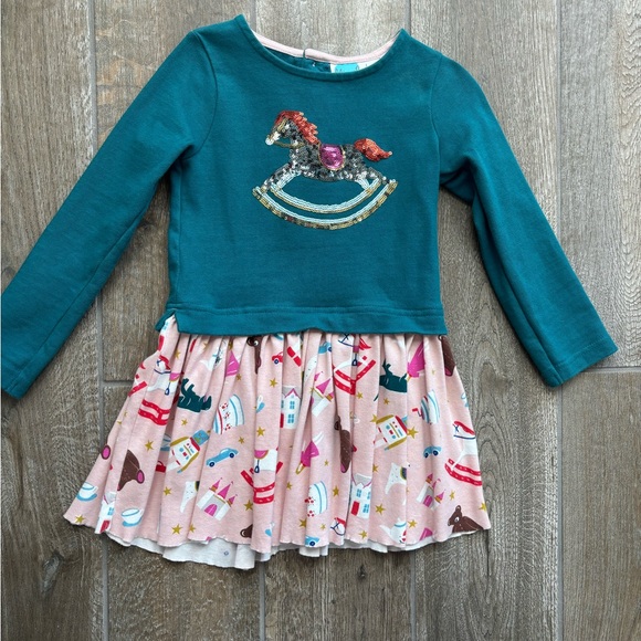 Mini Boden Other - Mini Boden Teal and Pink Sequined Rocking Horse Long Sleeved Dress Sz 3-4Y